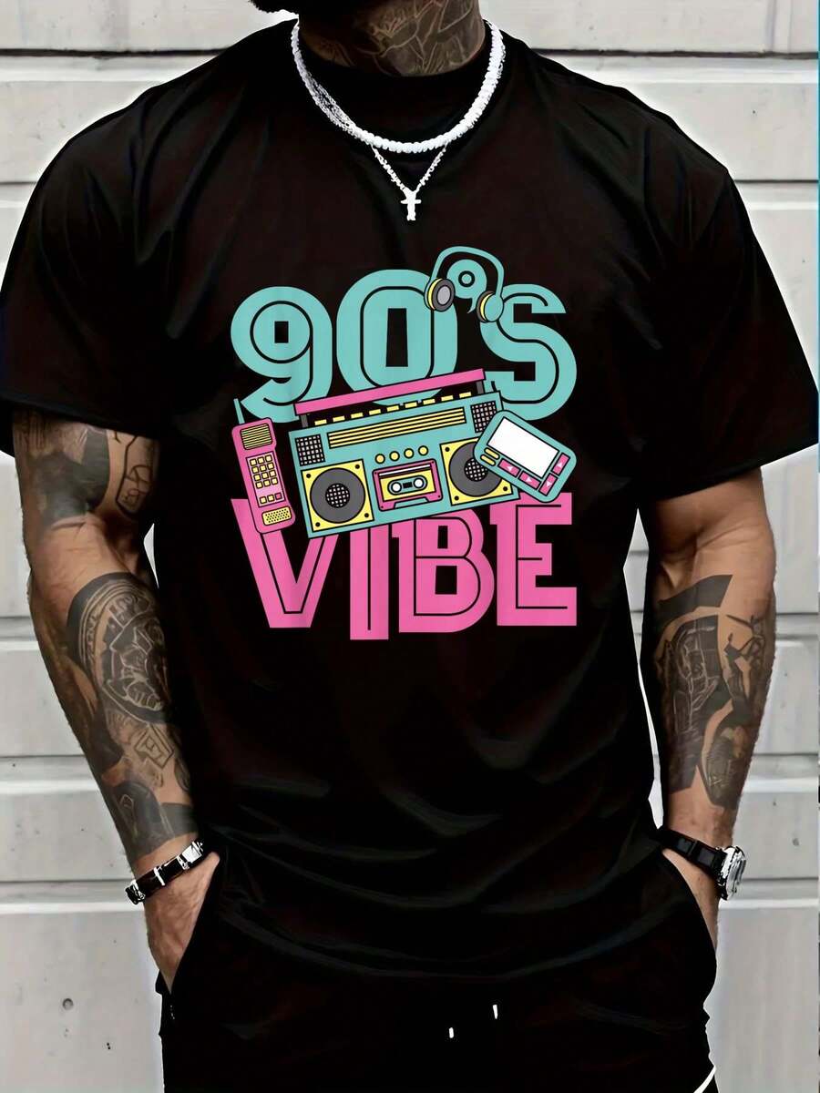 100% Cotton 90's Vibe Retro 1990s 90s Style Party Outfit Men Women T-Shirt Short Sleeve T-Shirt Women's Men's Causal Tops - 黑色10 - 查看 1