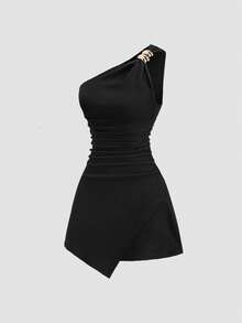 Vestido elegante y versátil de tela texturizada con hombro asimétrico, plisado y abotonado, apropiado para el uso diario - Negro - Ver 1
