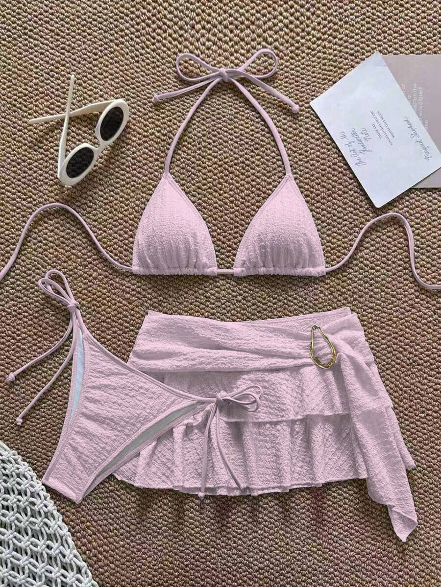 3 piezas Conjunto de bikini casual de tela especial para fiesta en la playa, ropa de playa de unicolor para vacaciones de verano - Rosa - Ver 1
