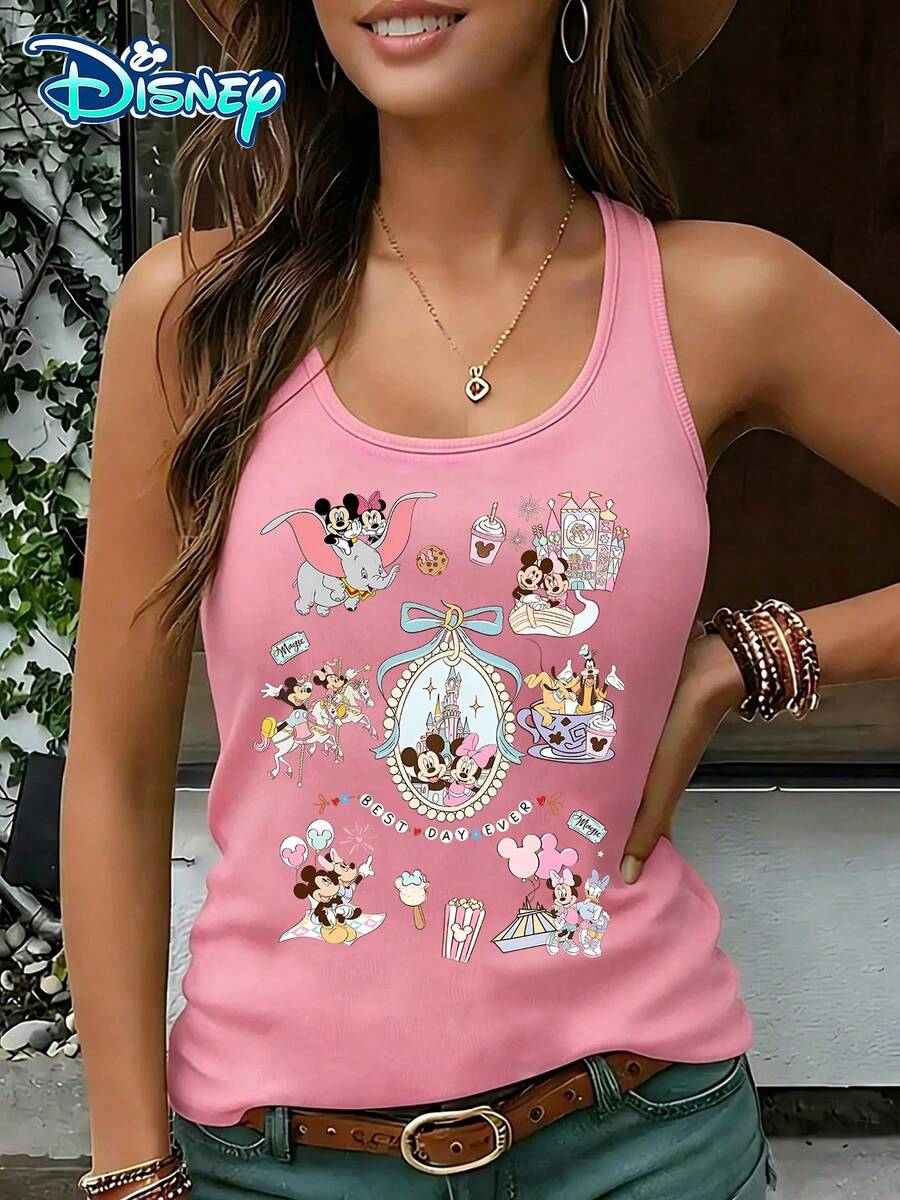 Disney Official Authorization | Women's Casual Round Neck Sleeveless Vest. Featuring Mickey Mouse, Minnie Mouse, And Amusement Park Scenes, Paired With "BEST DAY EVER" Theme Elements, The Atmosphere Is Full Of Charm. It Is An Exclusive Item For Theme Park Rides And An Ideal Choice For Recording Happy Moments. - Hồng - Xem 1