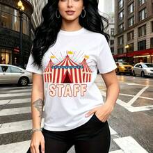 Camiseta de mujer con estampado de carpa de circo clásico en colores vibrantes y la palabra STAFF - camiseta casual de manga corta, ajuste cómodo y estilo urbano divertido - ideal para paseos por la ciudad, eventos temáticos y regalo perfecto para ma - Blanco - Ver 11