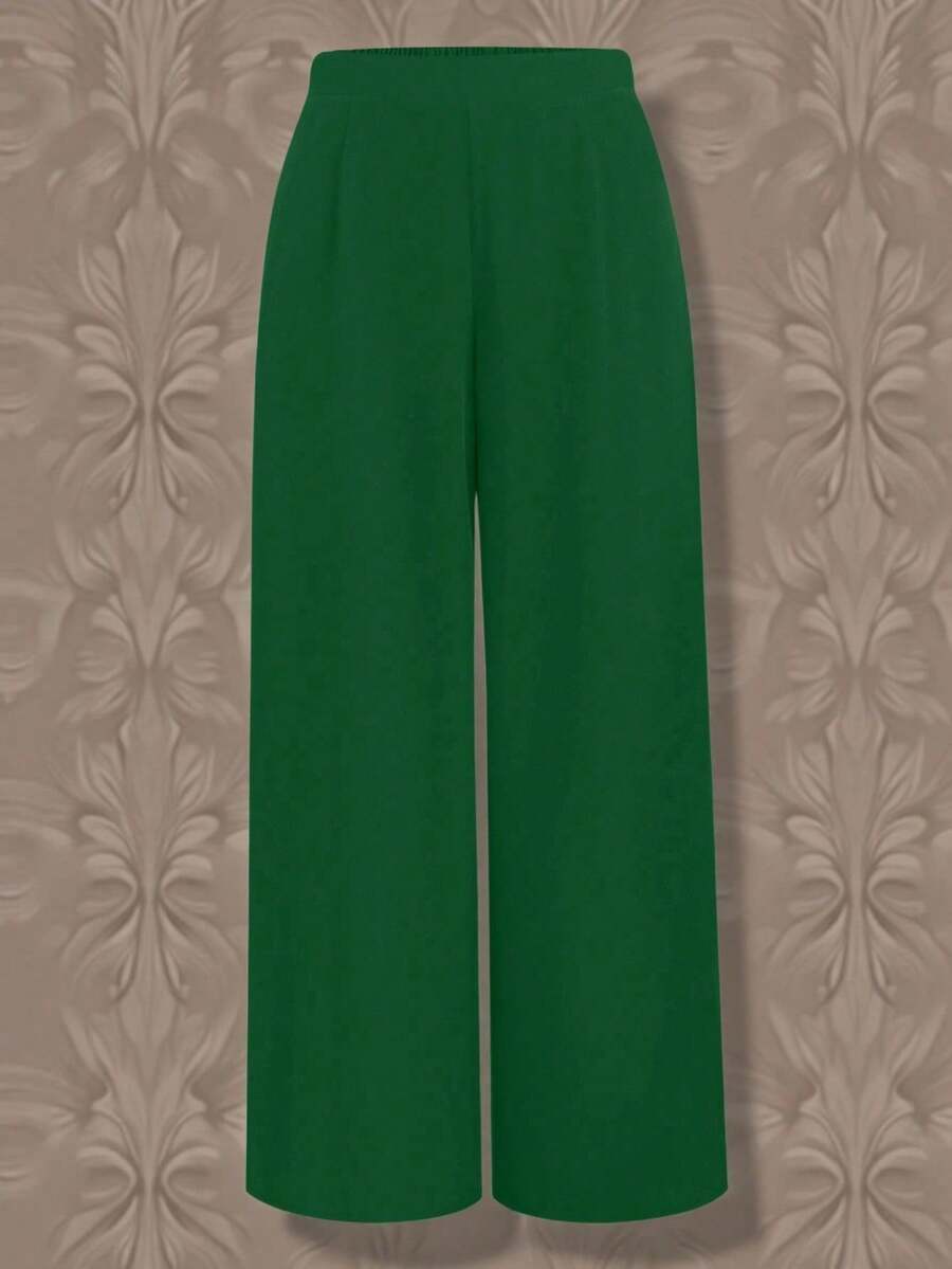 Clasi Pantalones anchos y sueltos de talla grande para mujer de color sólido con pliegues - Verde Oscuro - Ver 1