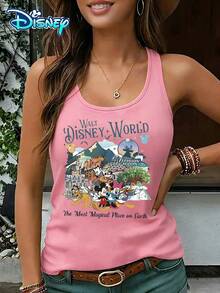 Disney Official Authorization | Women's Casual Round Neck Sleeveless Vest. Taking Walt Disney World As The Theme, Paired With Park Landmarks And Character Portraits Such As Mickey, Minnie, And Donald Duck, It Is Full Of Commemorative Significance. It Is An Exclusive Item For Theme Park Travel And An Ideal Choice For Cherishing Beautiful Memories. - Hồng - Xem 1