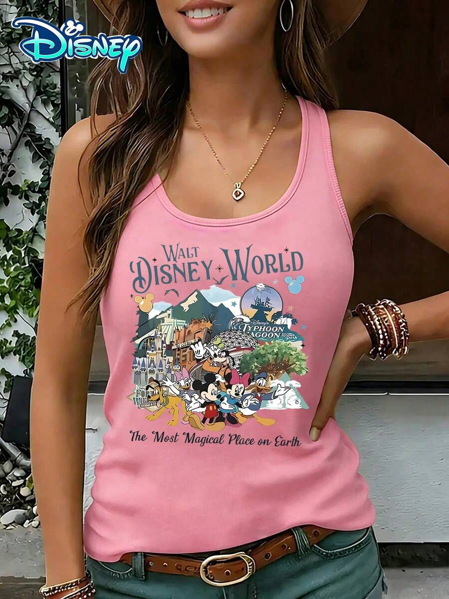 Disney Official Authorization | Women's Casual Round Neck Sleeveless Vest. Taking Walt Disney World As The Theme, Paired With Park Landmarks And Character Portraits Such As Mickey, Minnie, And Donald Duck, It Is Full Of Commemorative Significance. It Is An Exclusive Item For Theme Park Travel And An Ideal Choice For Cherishing Beautiful Memories. - Hồng - Xem 1