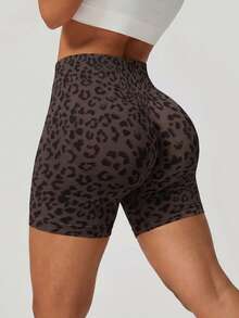 NcmRyu 1pc Women Leopard Print High Waist Tummy Control Stretchy Soft Comfy Workout Shorts Sports, Athleisure - Brown - View 8