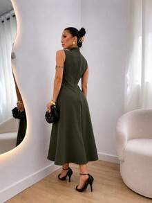 Elegant Women's Midi Dress, Sleeveless, High Neck With Side Buttons, Chic Tailored, Casual And Party Wedding Dress - 軍綠色 - 查看 3