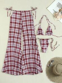 Set Bikini Halter Kotak-kotak Merah & Putih 3 Potong, Penutup Berbentuk Jaring Mengembang, Pakaian Renang Gaya Liburan Seksi - MultiWarna - View 2