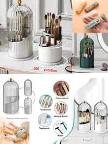 Large Capacity Bathroom Vanity Storage Box With Transparent Lid, 360° Rotating Luxury Countertop Organizer, Toothpaste And Toothbrush Holder, Independent Bathroom Countertop Storage Box, Suitable For Toothbrush, Toothpaste, Razor, Eyebrow Pencil, Makeup Brush - Multicolor - View 10