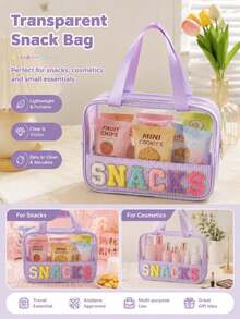1Piece Women Seersucker Beach Snacks MEDS Bag Chenille Letter Clear Sunscreen SPF Makeup Bag With Handle And Zipper Seersucker Stripe Preppy Girls Cosmetic Pouch For Storage Travel Organizer - Multicolor - View 7