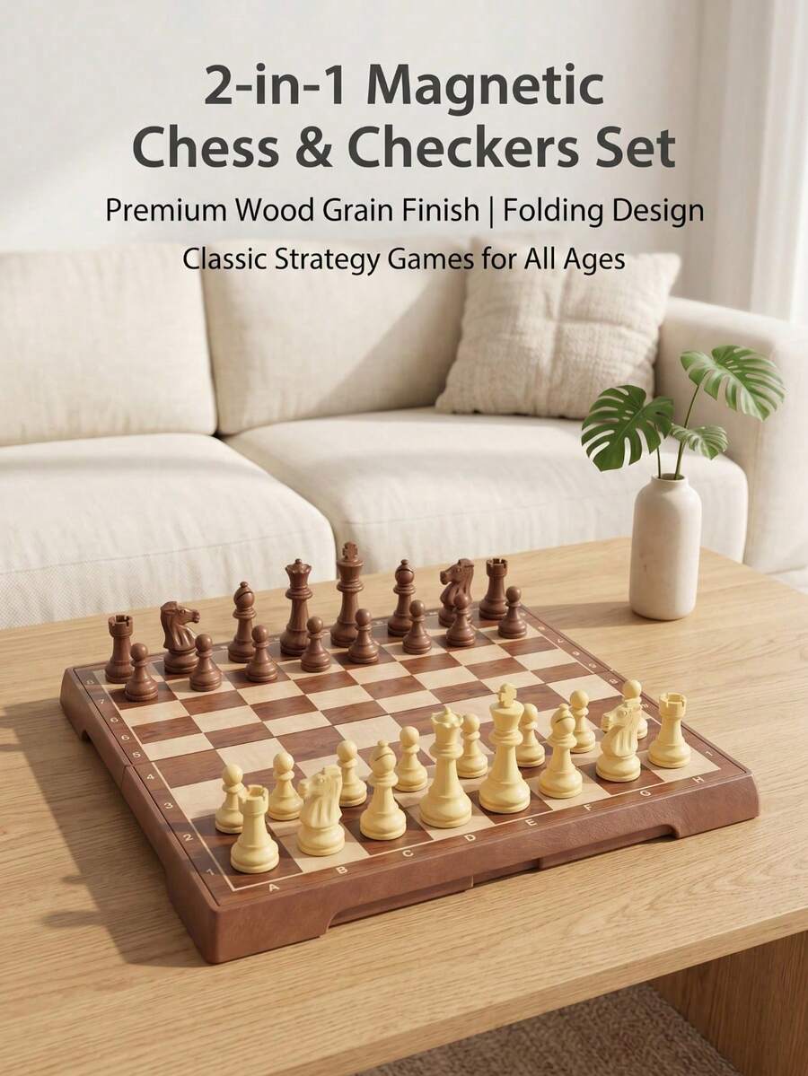2合1磁吸折疊式西洋棋與跳棋套裝,木紋大尺寸棋盤,防水教育遊戲,適合家庭聚會與成人 - 查看 1