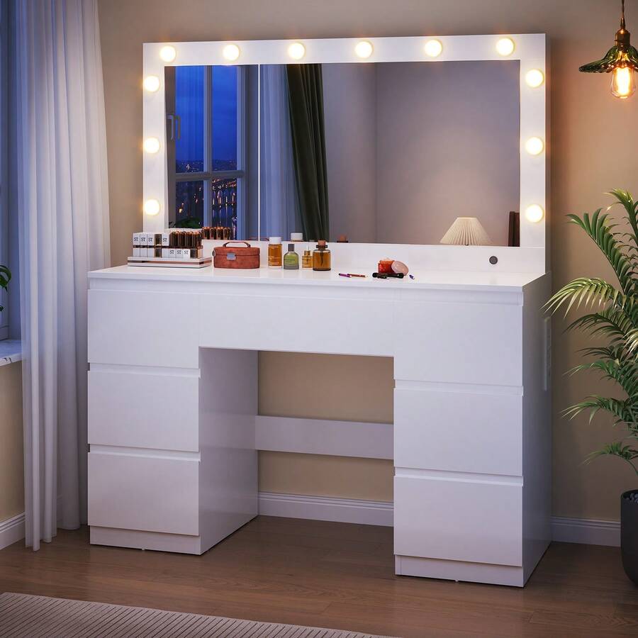 Devoko Dressing Table In Matte White With LED Cosmetic Mirror, Vanity Table Without Stool With 12 LED Lamps, Power Outlets, USB & Type-C, Jewelry Storage And 7 Drawers - 查看 1