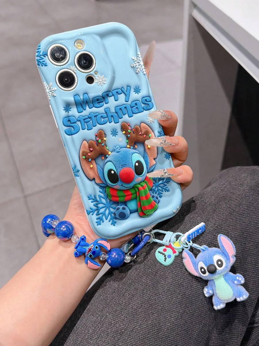 Disney Has Authorized, Phone Case - Chain Set, The Stitch Lilo & Stitch 3D Phone Case Plus A Silicone 3D Stitch Bracelet With Metallic Ring Removable Bracelet, Stitch And Angel Pattern, Compatible With Iphone17/16/15/14/13/12/11/XS/XR/X Plus Pro Max, A Stylish Cartoon Phone Case, The Perfect Gift Choice, Phone Protection, Durable Phone Cover, Great Gift For Friends And Family. - White - View 1