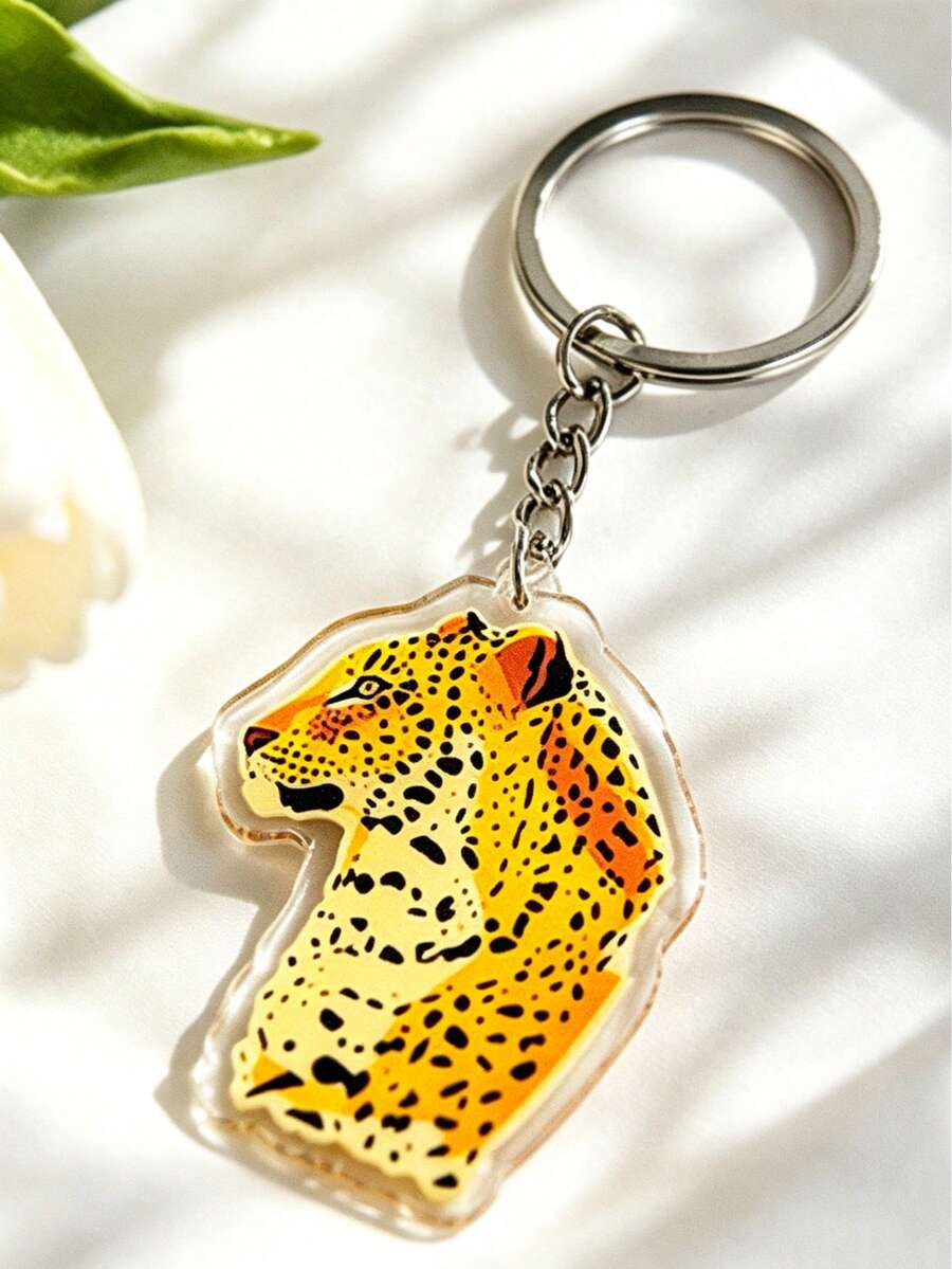 豹紋壓克力鑰匙圈,野生動物獵豹頭鑰匙環,時尚包包吊飾配件,適合女款男款 - Old Gold - 查看 1