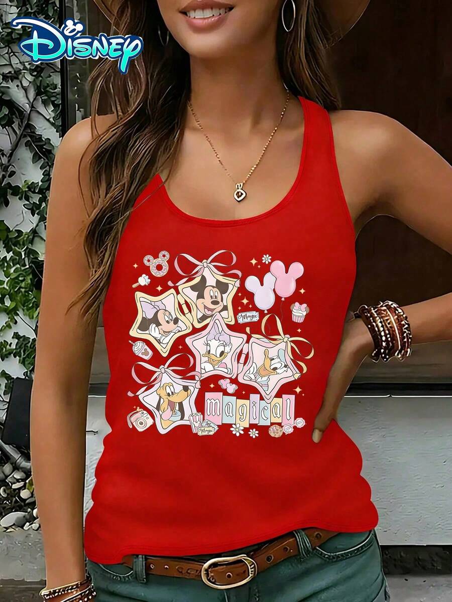 Disney Official Authorization | Women's Casual Round Neck Sleeveless Vest. Featuring Characters Such As Mickey, Minnie, And Donald Duck, Paired With Star Gift Boxes And "Magical" Elements, It Is Both Dreamy And Healing. It Is An Atmospheric Item For Theme Park Travel And An Ideal Choice For Recording Fairy Tale Moments. - Đỏ - Xem 1