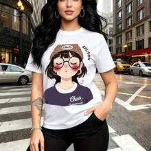 Camiseta de mujer con estampado de chica estilo cartoon con gafas y gorro, diseño divertido con texto "Chico" en cursiva - camiseta casual de cuello redondo, ajuste cómodo y elegante, estilo urbano y juvenil - ideal para paseos por la ciudad, días so - Blanco - Ver 11