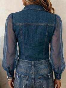 Women's Denim Fabric & Mesh Patchwork Shirt, Long Sheer Puff Sleeves, Button-Down With Fake Chest Pockets, Slim Fit Casual Top For Everyday Wear - 藍色 - 查看 2