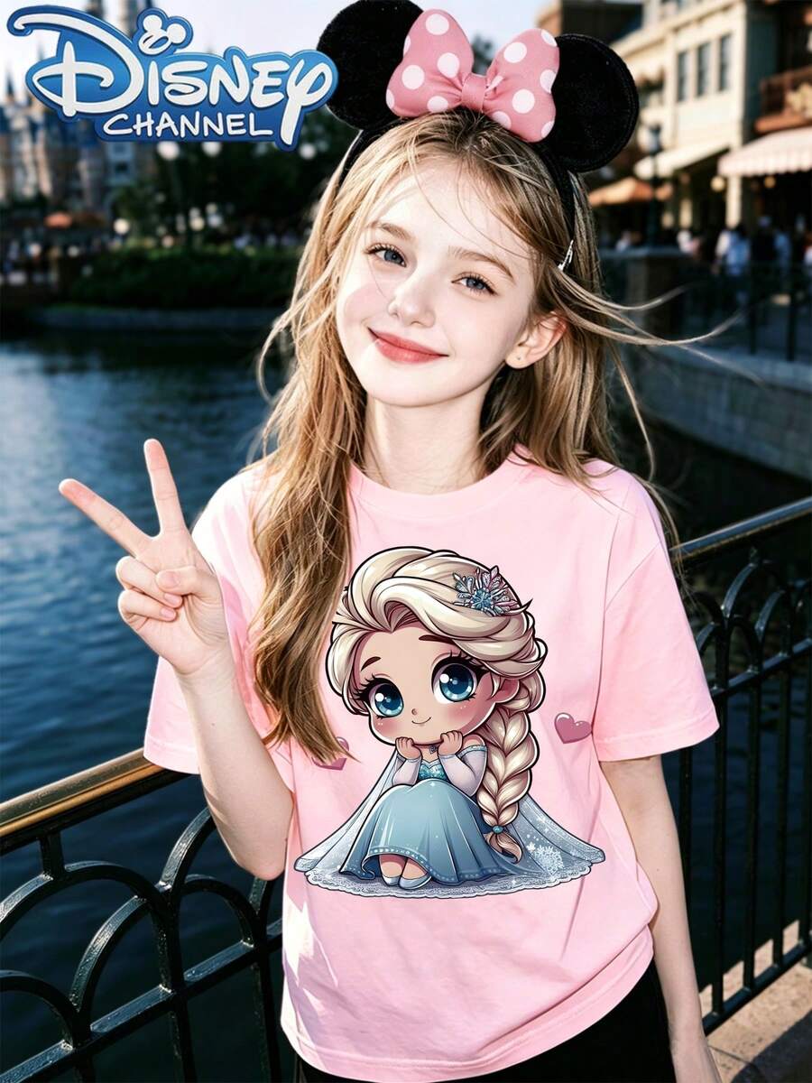 The Frozen Princess Elsa T-Shirt, A Cute, Fresh, And Fashionable Disney Girl's Round Neck T-Shirt Made Of 100% Pure Cotton. - 粉色 - 查看 1
