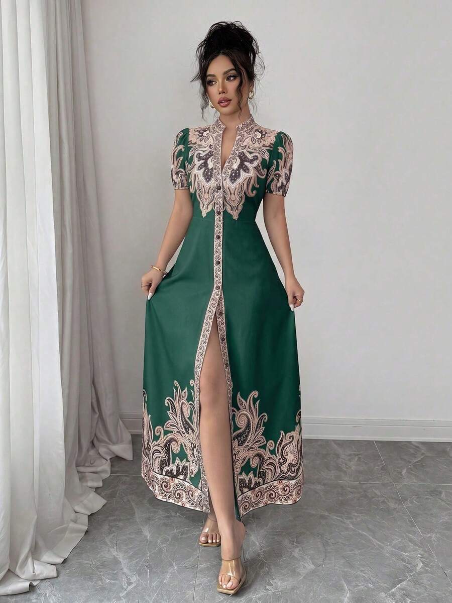 Vestido elegante de línea A con estampado digital de retazos, cuello en V profundo y cintura ceñida, color albaricoque, adecuado para cenas formales, citas y bodas de mujeres (estampado de colocación) - Verde Oscuro - Ver 1