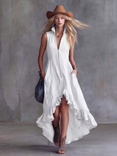 Women's Western Style Sleeveless Half-Zip Midi Dress, Collared V-Neck With High-Low Ruffle Hem, Loose Casual Boho Dress With Pockets, Lightweight Breathable Summer Dress For Cowgirl Outings & Daily Wear