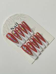 10pcs Red Brown French AB Color Large Diamond Handmade False Nails European And American Coffin Shaped Light Luxury White Long Nail Patch Aurora Diamond Reusable Suitable For Girls/Holiday Parties, Weddings And Daily Wear - Coral Pink - View 3