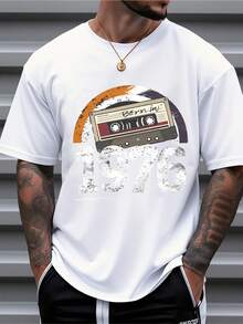 Men's Pure Cotton Short Sleeve T-Shirt Vintage 1976 Cassette Tape Graphic Print Oversized Casual Summer Top Christmas Gift Father's Day Present For Him European Holiday Gift Idea Comfortable Breathable Relaxed Fit Daily Wear  Men's Fashion Tee Birthday Gift For Boyfriend Husband - Weiss - Übersicht 1