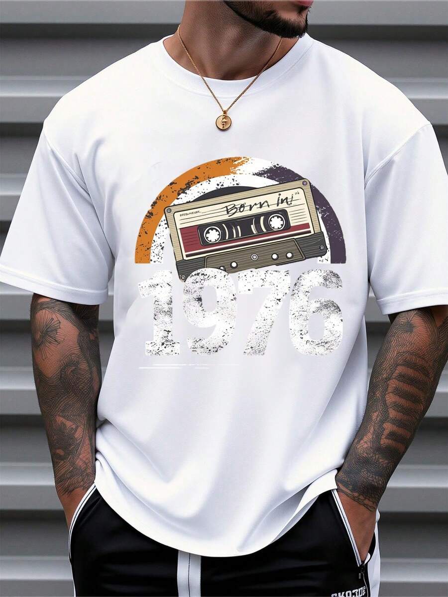Men's Pure Cotton Short Sleeve T-Shirt Vintage 1976 Cassette Tape Graphic Print Oversized Casual Summer Top Christmas Gift Father's Day Present For Him European Holiday Gift Idea Comfortable Breathable Relaxed Fit Daily Wear  Men's Fashion Tee Birthday Gift For Boyfriend Husband - Weiss - Übersicht 1