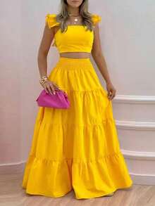 Conjunto de Dos Piezas para Mujer, Top Corto con Volantes y Falda Larga de Volantes en Capas - Amarillo - Ver 1
