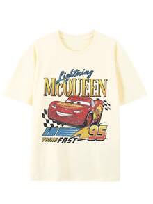 Disney Men's Casual T-Shirt, Lightning McQueen Retro Print, "Think Fast" Design, Comfortable Soft Fabric, Perfect For Cars Fans - 杏色 - 查看 2