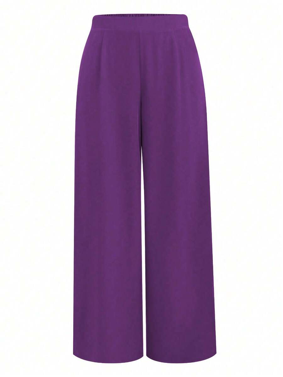 Clasi Pantalones anchos y sueltos de talla grande para mujer de color sólido con pliegues - Morado - Ver 1