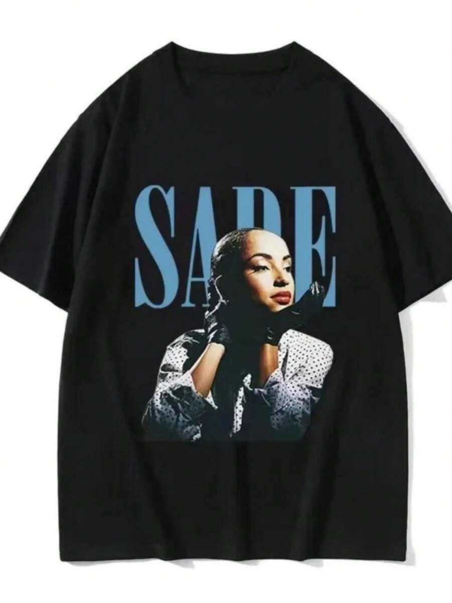 90s Singer S-Sade Print Graphic T Shirt Men and Women Hip Hop Vintage Short Sleeve T-shirts Oversized T-shirt Streetwear Graphic - Negro - Ver 1