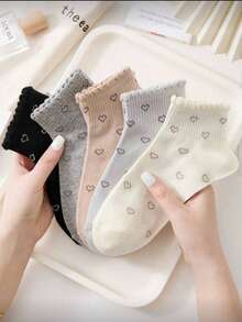 5 pares de calcetines de tobillo con encaje con diseño de corazón para mujer - Blanco - Ver 3