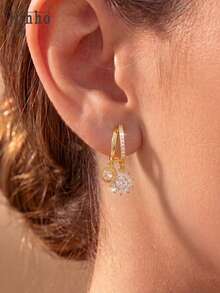 Hihho 1 Pair Double-Layer Diamond Hoop Earrings With Sunflower And Round Diamond Pendant, Unique Design, Luxurious And Graceful Charm, Elegant Jewelry Earrings For Work And Formal Occasions - Double Drop Earrings - View 3