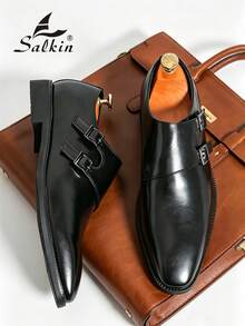 Salkin 复古设计师男士僧侣搭扣尖头一脚蹬乐福鞋，优雅绅士正装鞋，适合中年人、年轻人、学生、返校季、毕业典礼、办公室、商务场合、派对、婚礼、新郎、春夏秋季穿着，尺码齐全。 - 黑色 - 查看 8