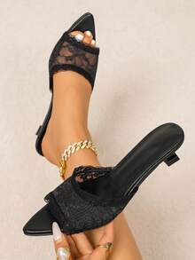 Sandal Wanita Elegan dengan Desain Jala Renda, Model Slip-On, Ujung Lancip, Hak Kitten, Warna Hitam, untuk Musim Panas. - Hitam - View 2