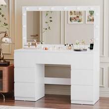 Devoko Dressing Table In Matte White With LED Cosmetic Mirror, Vanity Table Without Stool With 12 LED Lamps, Power Outlets, USB & Type-C, Jewelry Storage And 7 Drawers - View 3