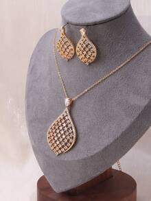 1 Set Elegante Conjunto de Aretes y Collar con Diseño de Gota de Agua de Circonita Brillante - conjunto de joyas para mujer - Ver 3