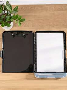 Caja de archivos A4 grande con ranura para bolígrafo, caja de almacenamiento de archivos de escritorio de plástico con tablero de escritura, diseño todo en uno - negro - Ver 4