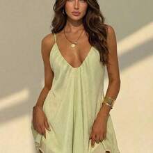 Vestido de mujer con cuello en V profundo, tirantes de espagueti, línea A, volantes en el bajo, color verde - Rosa - Ver 2