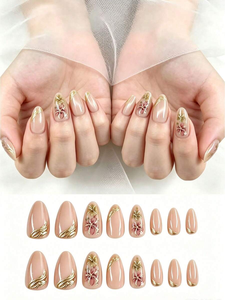 30片中長杏仁形香檳色美甲貼片,奢華鍍金美甲,貓眼透亮設計,花卉圖案,優雅歐美風,適合女性與女孩,日常佩戴、節日、旅行與派對,全覆蓋假指甲 - 香檳色 - 查看 1