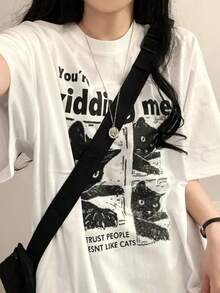 100% Cotton 200g Letter Print Loose Short Sleeve T-Shirt For Women (1 Count) - White - View 3