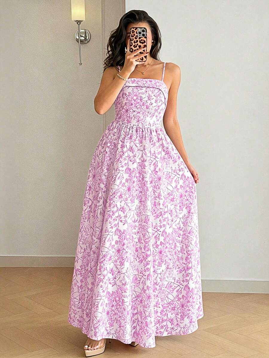 Women's Long Dress With Blue And White Floral Print, Casual And Elegant Style, With Thin Straps And Open Back, Ideal For Holidays And Summer Days - 灰色 - 查看 1