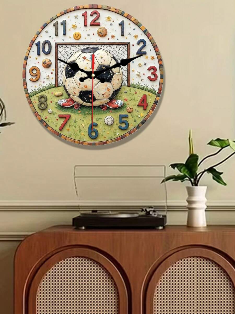 Round Wooden Wall Clock With Football Decoration, Silent Non-Ticking, Suitable For Home Decor, Gift Giving, AA Battery Not Included - 彩色 - 查看 1