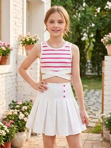 Conjunto de 2 piezas para niña preadolescente: Camiseta de tirantes cruzados a rayas rosa y blanco + Falda plisada blanca con botones, dulce y juguetón, adecuado para ocasiones casuales y citas - Blanco - Ver 3