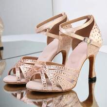 Apricot Lateinische Tanzschuhe für Damen, Cha-Cha-Performance-Schuhe für Erwachsene, High-Heel-Partyschuhe aus Stoff mit Strass, Ganzjahres-7,5cm-Absatz, weiche Sohle - Aprikosenfarben - Übersicht 1