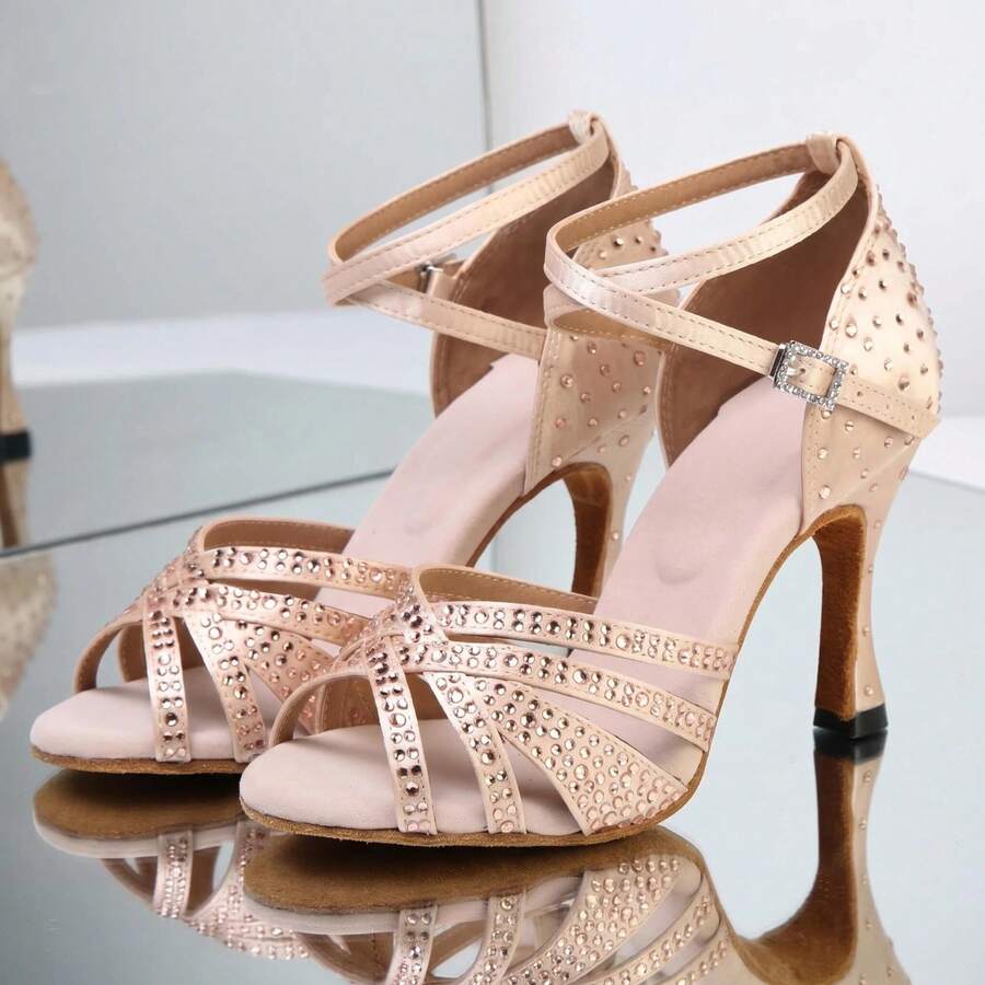 Apricot Lateinische Tanzschuhe für Damen, Cha-Cha-Performance-Schuhe für Erwachsene, High-Heel-Partyschuhe aus Stoff mit Strass, Ganzjahres-7,5cm-Absatz, weiche Sohle - Aprikosenfarben - Übersicht 1