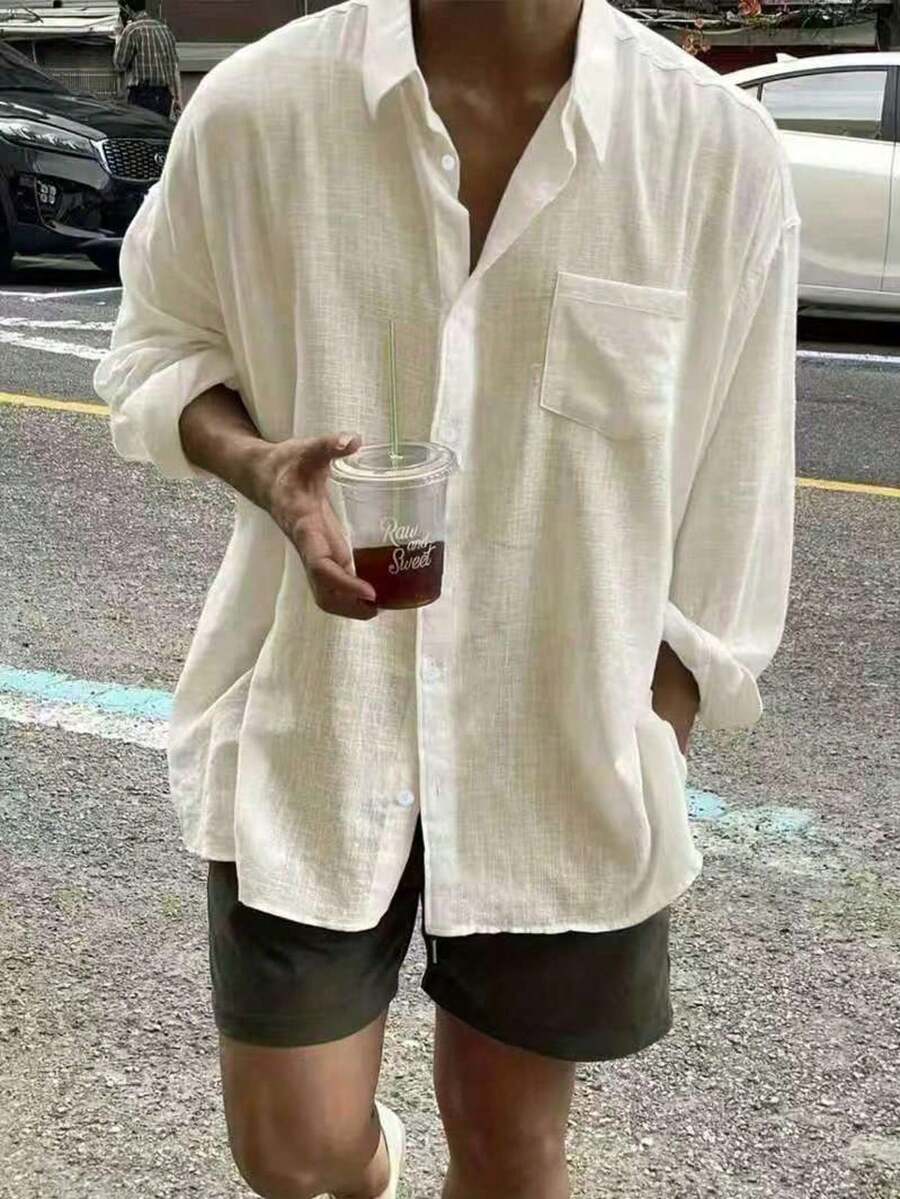 Camisa casual de manga larga, de un solo pecho, de unicolor, holgada y cómoda para hombres - Albaricoque - Ver 1