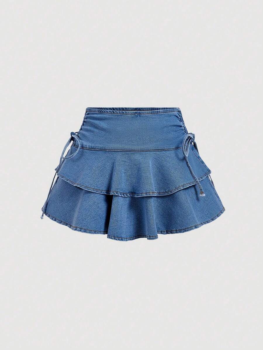MOD Falda de mezclilla de moda para mujer con cintura anudada a los lados y dobladillo con doble volante - Lavado ligero - Ver 1