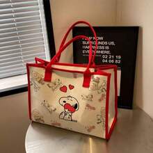 SNOOPY 女款大容量帆布托特包，新款卡通史努比印花單肩手提包，外出購物袋 - D - 查看 2