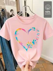 100% Multicolor T-Shirt With Paw And Heart Design - Rose - View 4