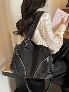 新款休閒時尚水洗牛仔大容量托特包，女款復古百搭通勤單肩斜背包，適合通勤與購物 - 黑色 - 查看 3